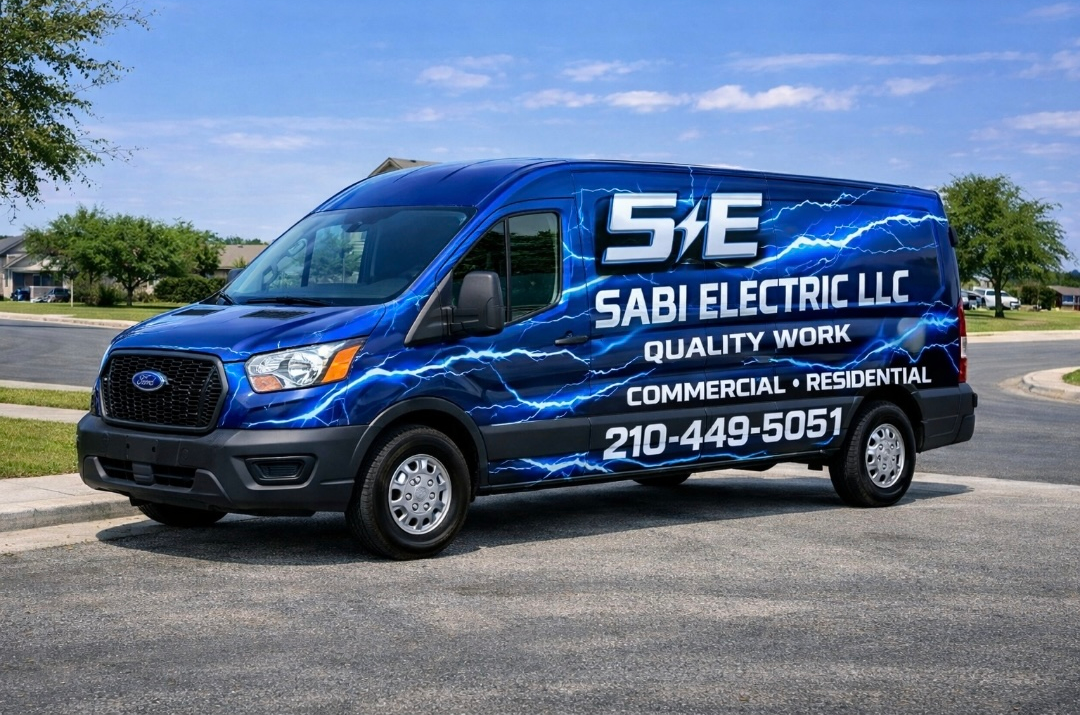 SABI Electric LLC service van with blue lightning wrap